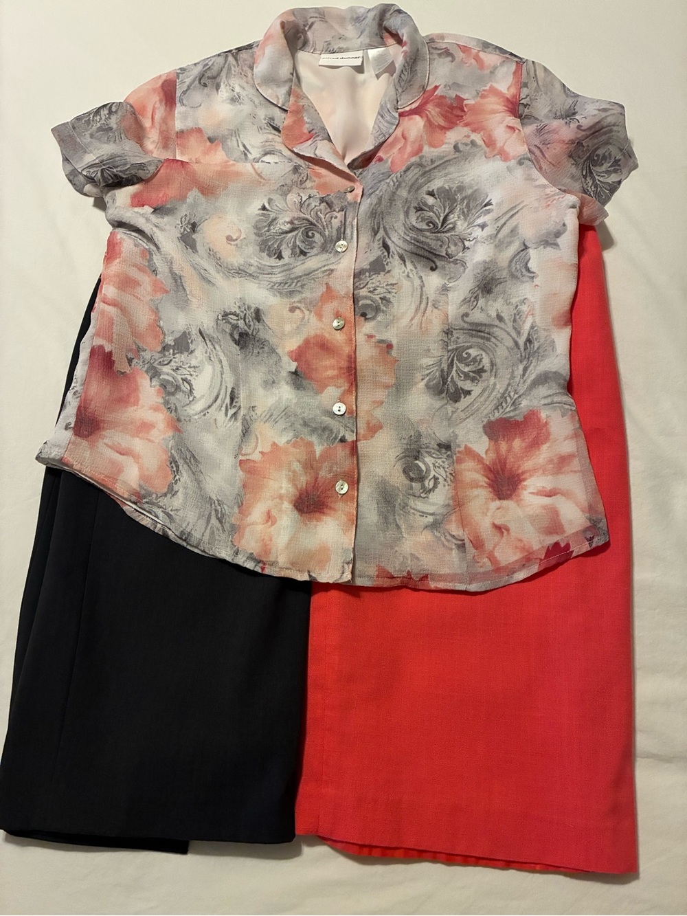 Alfred Dunner blouse Coral skirt and dark gray Liz Claiborne skirt